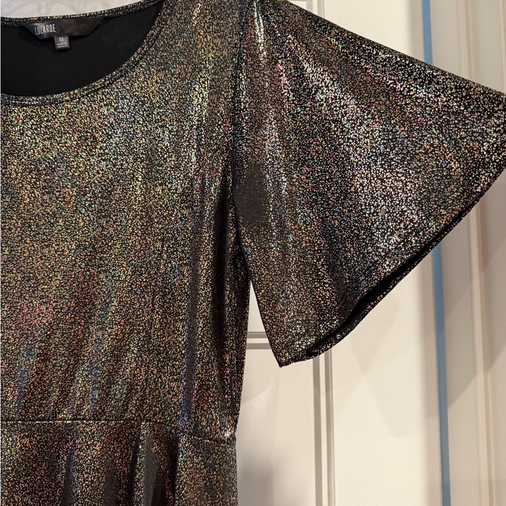 LuLaRoe Elegant Black Metallic Glittering Peplum Blouse - Picture 2 of 7